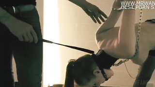 Upside-down brunette in chastity chains kink sex video