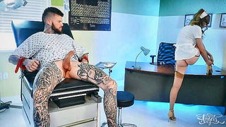 Tattooed stud restrained by nurse BDSM sex video